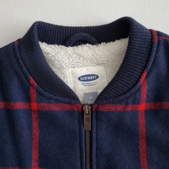 Old Navy Women's Plaid Wool-Blend Sherpa Lined Bomber Jacket, Navy/Red, M - Picture 4 of 12